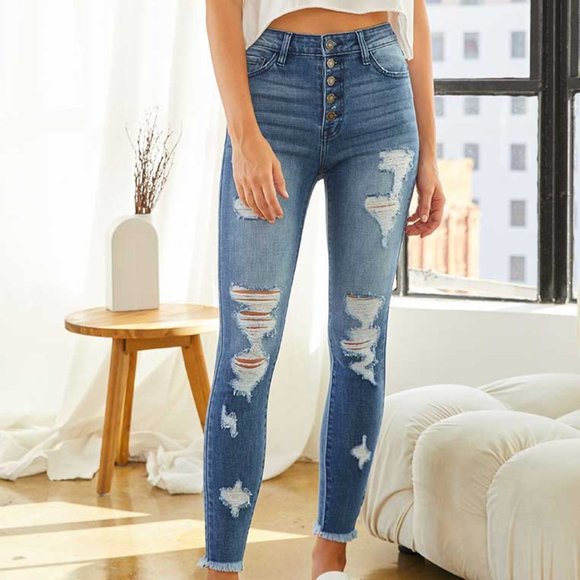 KanCan Denim - High Rise Distressed Super Skinny KanCan Premium Denim 'Lola' Dark Wash SZ29 NWT